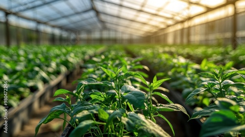 A modern greenhouse filled with rows of healthy green plants, with advanced irrigation systems visible and sunlight streaming through the transparent roof photo