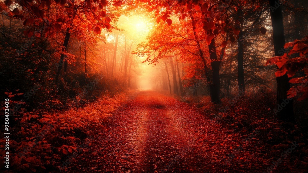 Obraz premium Colorful autumn Park with pathway,red and yellow maple trees and blue sky,Autumn forest path,Lawn in autumn city park in Sunny day,Trees with yellow leaves in park,Natural Wallpaper.