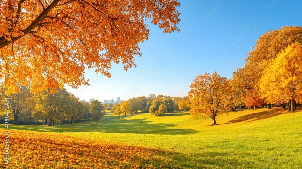 Fototapeta premium Colorful autumn Park with city view red and yellow maple trees and blue sky,Autumn forest path,Lawn in autumn city park in Sunny day,Trees with yellow leaves in park,Natural Wallpaper.