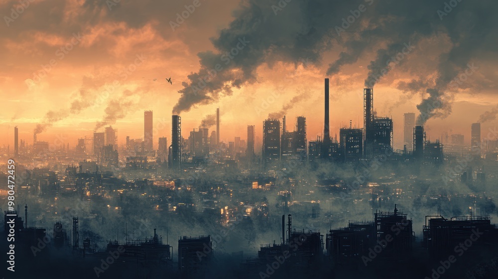 A polluted cityscape with smog-filled skies and industrial buildings in the background, representing the challenges of urban pollution and the need for sustainable urban development A polluted cityscape with smog-filled skies and industrial buildings in the background, representing the challenges of urban pollution and the need for sustainable urban development