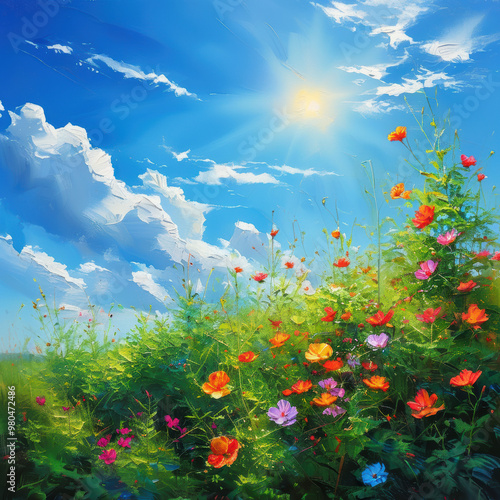 landscape with flowers and sky