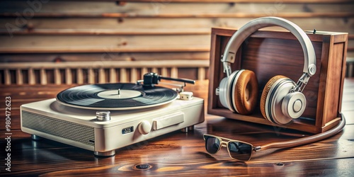 Retro audio equipment, including a pair of vintage headphones and a white record player, evoke a sense of nostalgia for the warmth of analog sound. photo