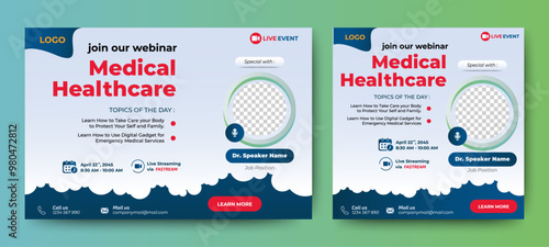 Medical Health Conference live webinar banner invitation and social media post template. Healthcare webinar invitation design.	