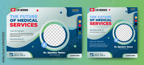 Medical Health Conference live webinar banner invitation and social media post template. Healthcare webinar invitation design.	