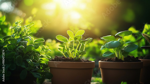 Sunlight streaming over a garden filled with lush plants in soil and pots, capturing a serene and natural setting, ideal for growth and nature-inspired themes. photo