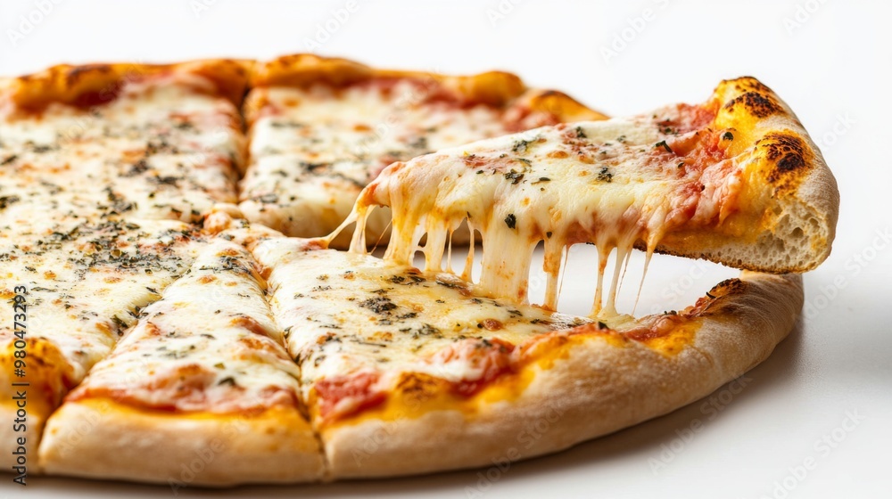 complete marguerita pizza, with a cut piece and strands of melted cheese complete marguerita pizza, with a cut piece and strands of melted cheese