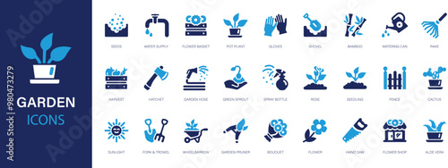Garden flat icons set. Flowers, plot, dacha, grass, watering can, trees, care, digger icons and more signs. Flat icon collection.