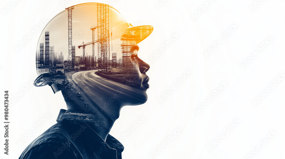 Construction worker double exposure. Building engineer or architect banner Construction worker double exposure. Building engineer or architect banner