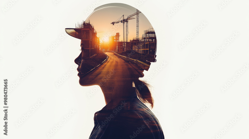 Construction worker double exposure. Building engineer or architect banner Construction worker double exposure. Building engineer or architect banner