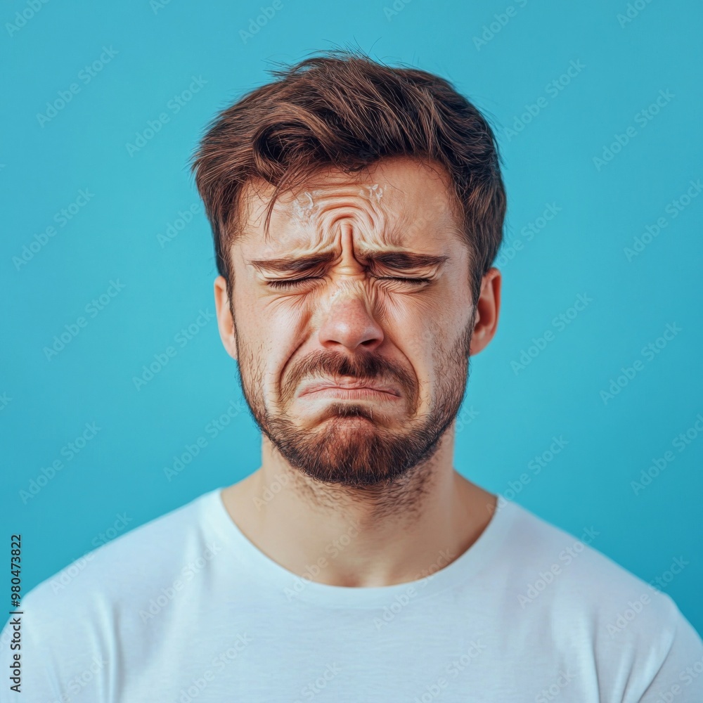 Man crying face with tears isolated on a blue background. Drama, depression concept Man crying face with tears isolated on a blue background. Drama, depression concept