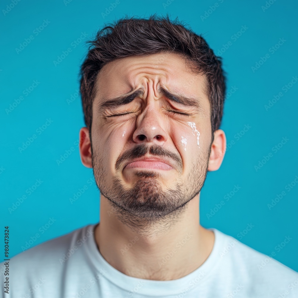Obraz premium Man crying face with tears isolated on a blue background. Drama, depression concept