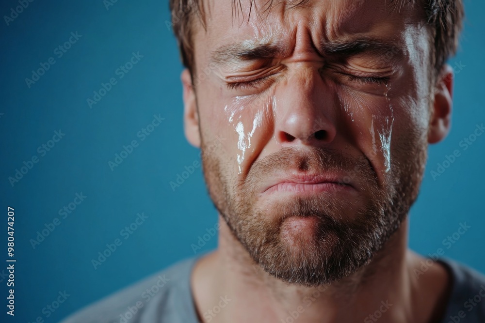 Man crying face with tears isolated on a blue background. Drama, depression concept Man crying face with tears isolated on a blue background. Drama, depression concept