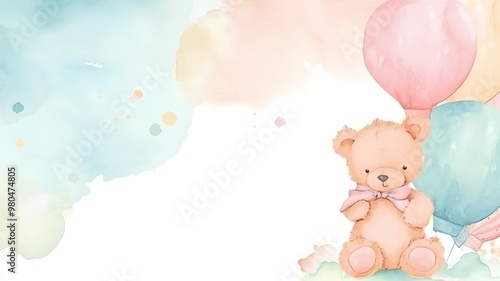 Teddy bear with balloon. Watercolor background. Hand drawn illustration