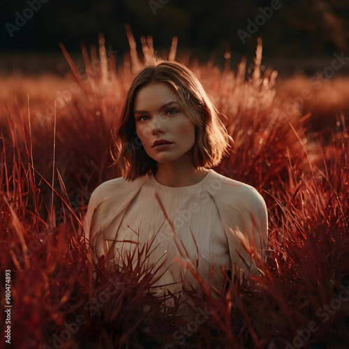 surreal world with shining red grass photo dark red and white minimal outfit redscale color photo