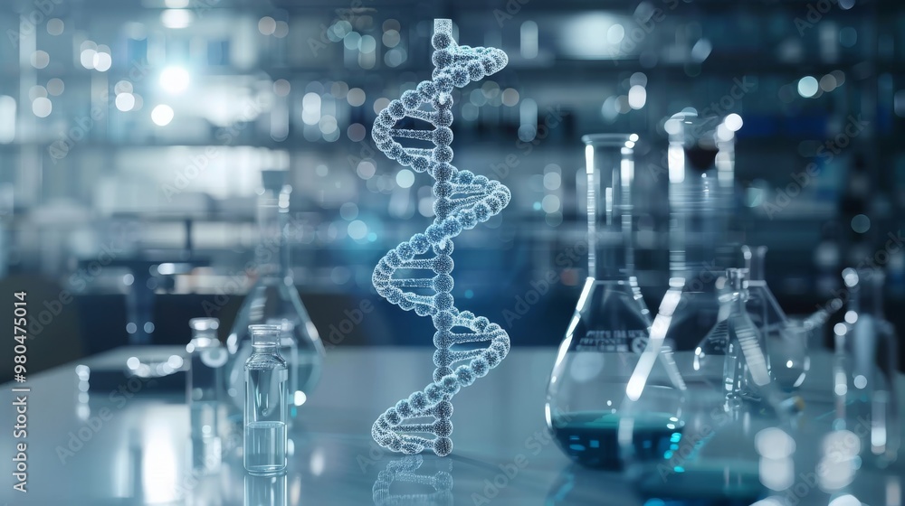 Biotechnology background featuring a DNA double helix structure and scientific laboratory equipment Biotechnology background featuring a DNA double helix structure and scientific laboratory equipment