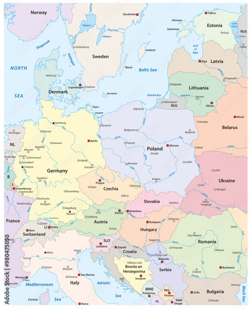 Map of Central Europe with the most important cities and rivers Map of Central Europe with the most important cities and rivers