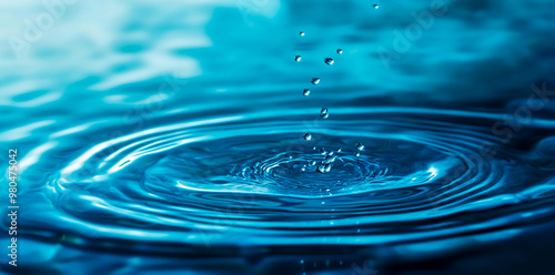 Water splash with a blue-colored background, water drops, and ripples on the surface of clean, fresh water photo