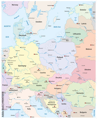 Map of Central Europe with the most important cities and rivers