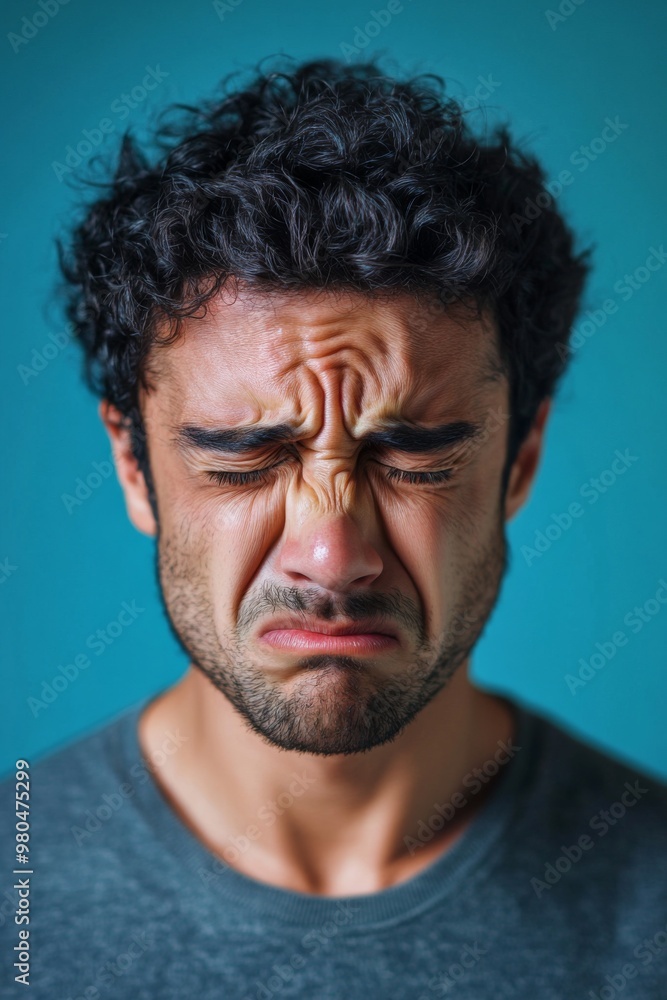 Man crying face with tears isolated on a blue background. Drama, depression concept Man crying face with tears isolated on a blue background. Drama, depression concept