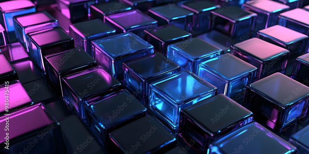 Obraz premium 3D render, an abstract blocks geometric background with neon blue and purple lights shining on the wall