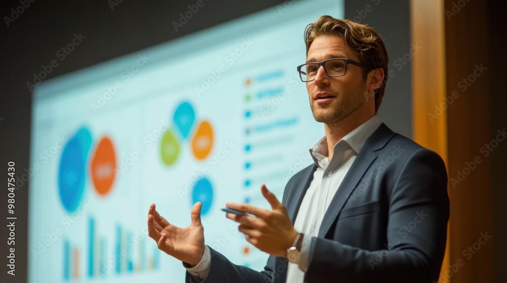 A successful businessman giving a presentation in a bright conference room, with charts and graphs projected behind him, engaging and inspiring the audience A successful businessman giving a presentation in a bright conference room, with charts and graphs projected behind him, engaging and inspiring the audience