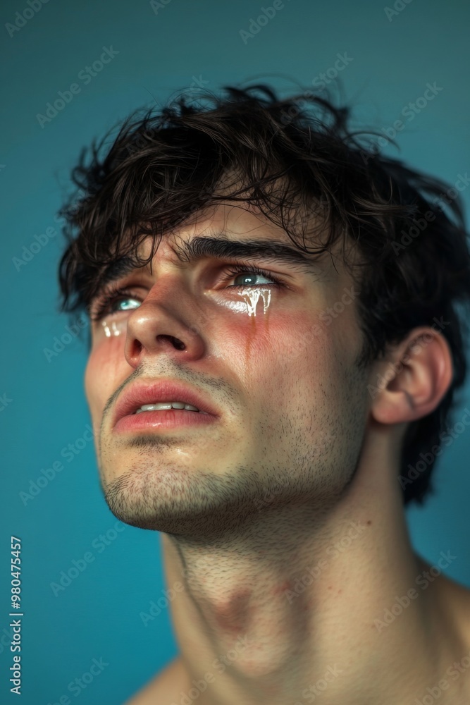 Fototapeta premium Sad man crying with tears in eye on blue background. Teardrop on face. Drama, depression concept