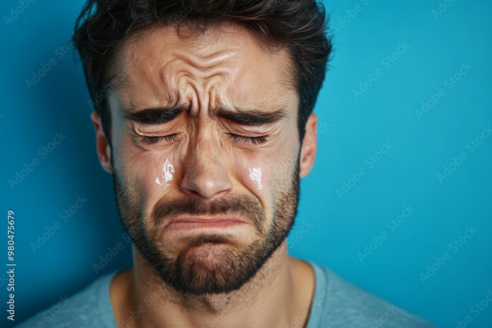 Sad man crying with tears in eye on blue background. Teardrop on face. Drama, depression concept Sad man crying with tears in eye on blue background. Teardrop on face. Drama, depression concept