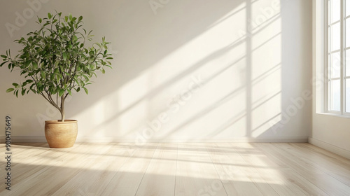 Japanese style empty room decorated with white wall and wooden slats wall, Vintage white room with door and window in new home.