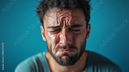 Sad man crying with tears in eye on blue background. Teardrop on face. Drama, depression concept