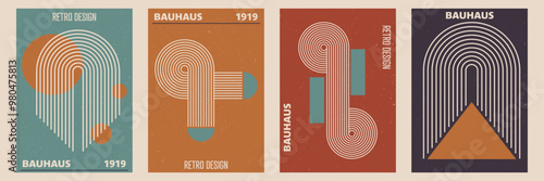 Set of abstract posters with geometric shapes and stripe pattern. Vector background in trendy boho aesthetic.