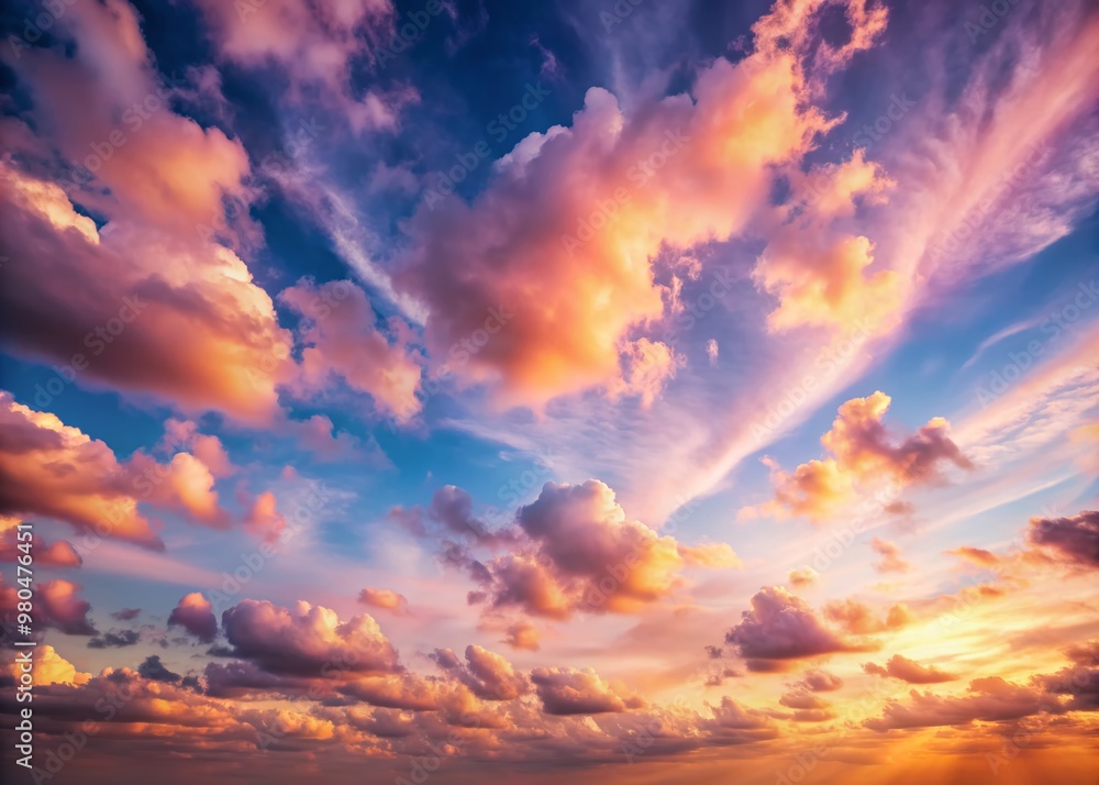 Whispy soft pink clouds float effortlessly across a serene sky, radiating a sense of peaceful tranquility during a warm sunrise or sunset moment.