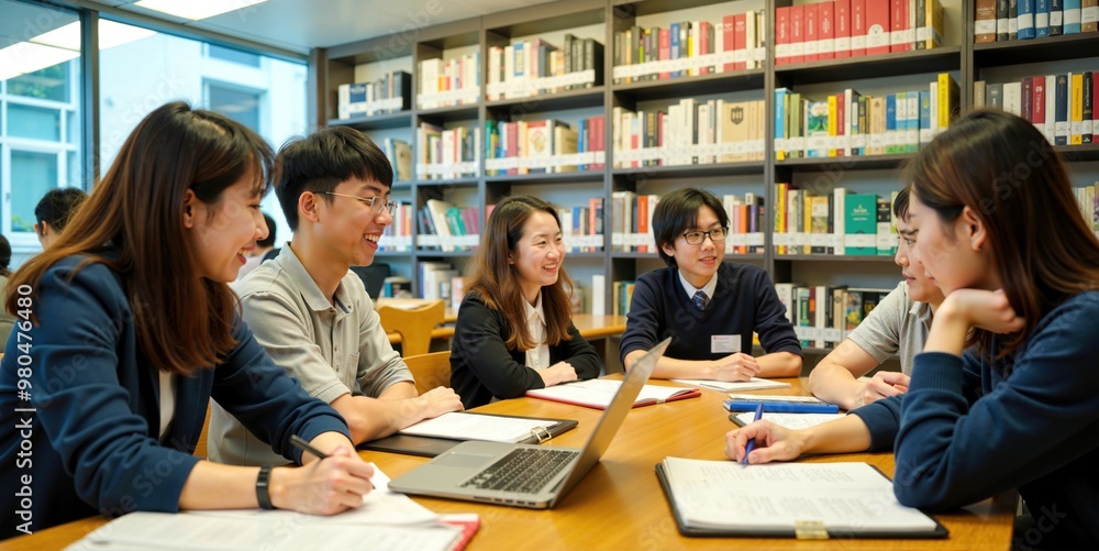 Collaborative Group of Asian Students Studying and Sharing Ideas in College Library Collaborative Group of Asian Students Studying and Sharing Ideas in College Library