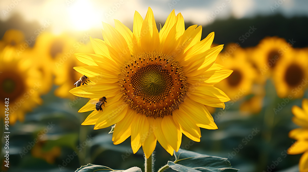 Fototapeta premium A close-up of a sunflower in a field with bees flying around it. The sun is shining brightly in the background.