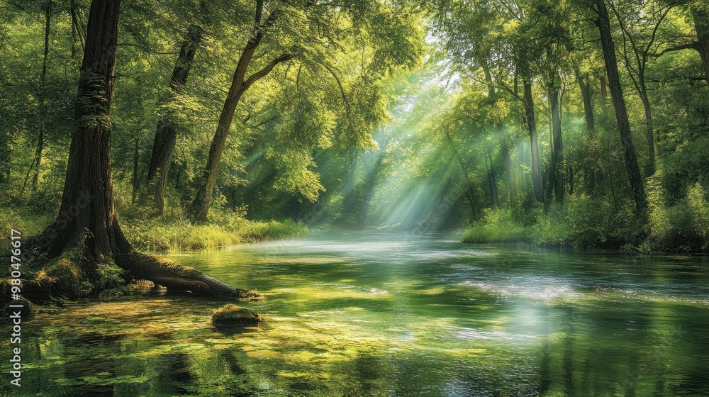 A vibrant forest with lush green trees and a clear river, depicting the harmony of nature, with the sunlight filtering through the leaves highlighting the importance of preserving natural habitats A vibrant forest with lush green trees and a clear river, depicting the harmony of nature, with the sunlight filtering through the leaves highlighting the importance of preserving natural habitats