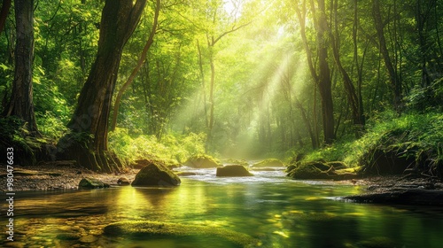 A vibrant forest with lush green trees and a clear river, depicting the harmony of nature, with the sunlight filtering through the leaves highlighting the importance of preserving natural habitats