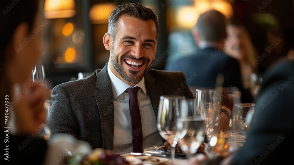 A well-groomed man dining at an upscale restaurant, engaging in conversation and laughing A well-groomed man dining at an upscale restaurant, engaging in conversation and laughing