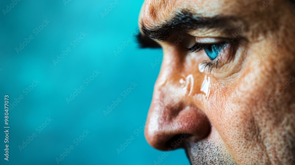 Sad man crying with tears in eye on blue background. Teardrop on face. Drama, depression concept Sad man crying with tears in eye on blue background. Teardrop on face. Drama, depression concept