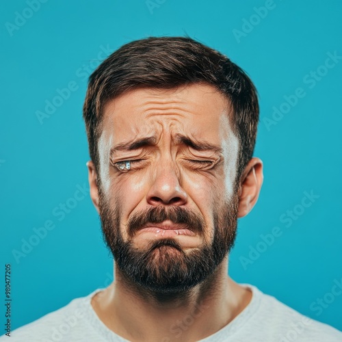 Sad man crying with tears in eye on blue background. Teardrop on face. Drama, depression concept