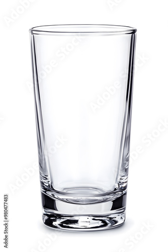 A tall, clear, empty glass isolated on a white background