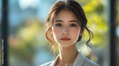 Young woman with long dark hair, looking at the camera