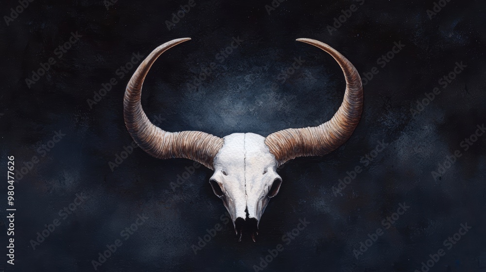 Obraz premium Isolated horns in a dark abyss, illuminated by a faint light, creating a sense of power and primal energy, minimalist and symbolic composition