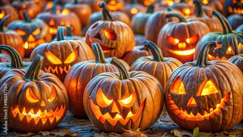 closeup of scary halloween pumpkins photo