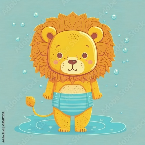 Cute cartoon lion in swimming suit. Vector illustration of a cute animal. photo