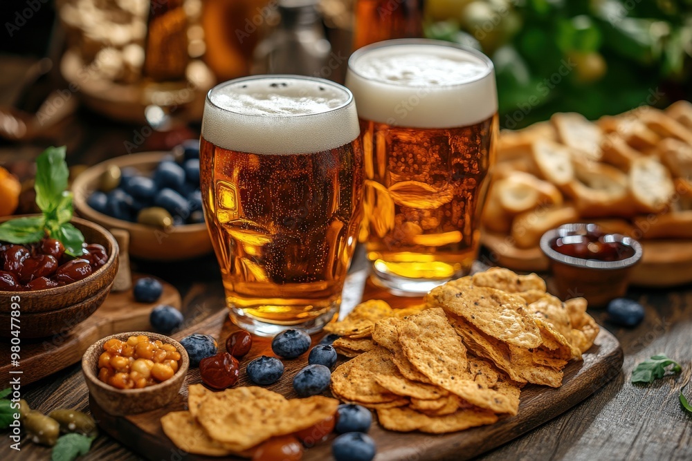 Two glasses of beer are on a wooden table with chips and other snacks