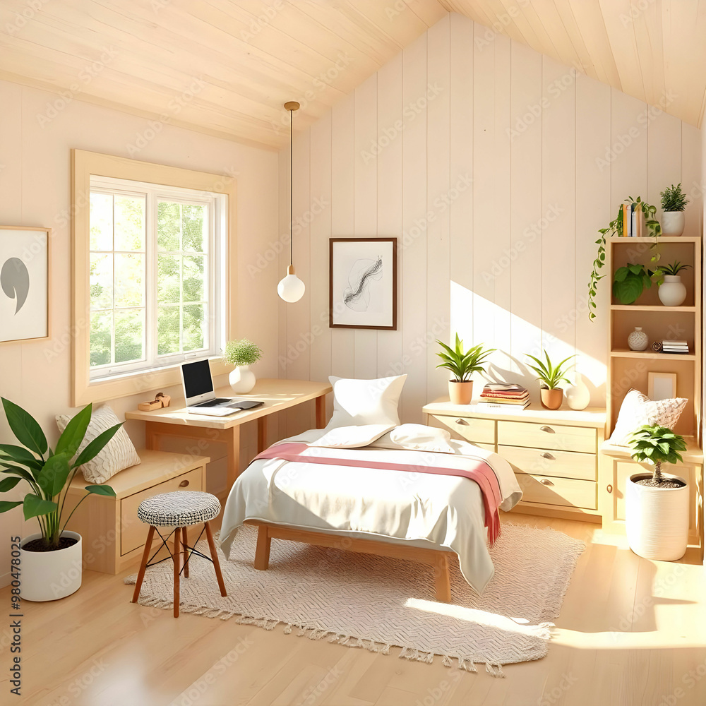 Fototapeta premium Elevation rendering of a Z-shaped study table with built-in wall seating in a simple cabin bedroom