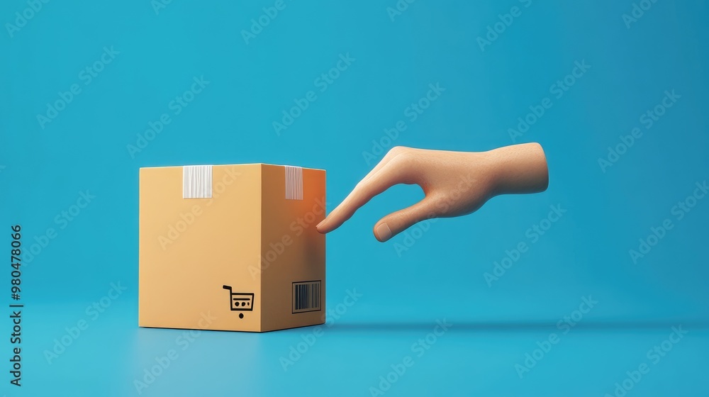 3D virtual hand clicking to complete payment, showing the convenience of online shopping with a package ready for dispatch. No logo, no people. 3D virtual hand clicking to complete payment, showing the convenience of online shopping with a package ready for dispatch. No logo, no people.