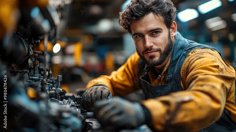 Mechanic Working on Engine in a Workshop Mechanic Working on Engine in a Workshop