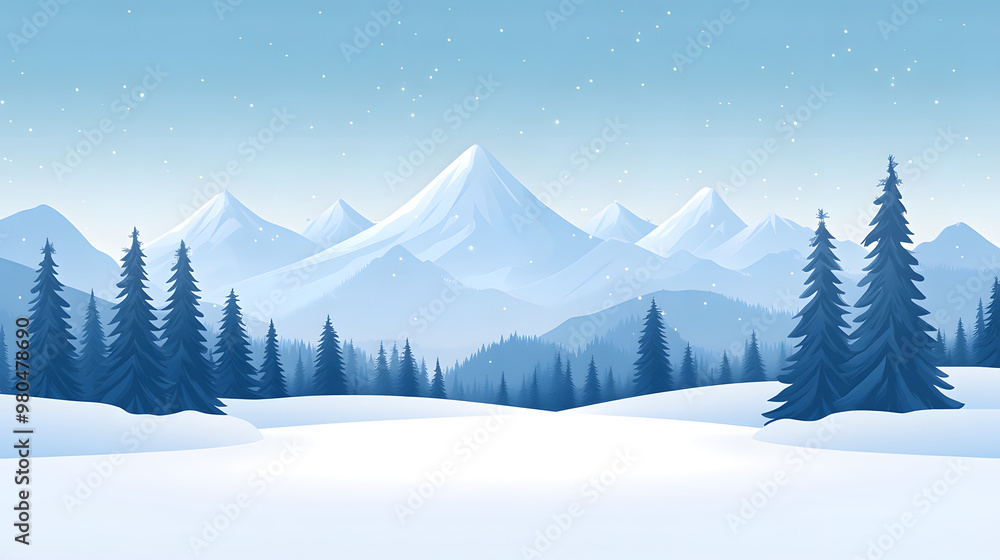 Fototapeta premium Vector illustration Winter snowy Mountains landscape with hills and pines