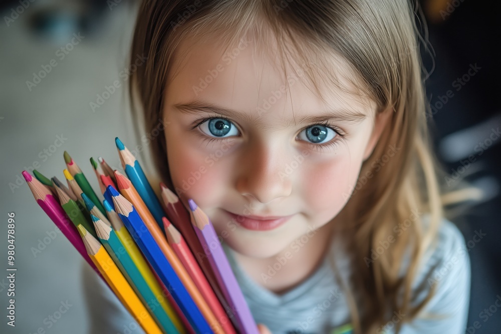 A young girl holds a bunch of colorful pencils, ready to create A young girl holds a bunch of colorful pencils, ready to create