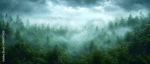 Panoramic view of a misty wet forest under overcast skies, with a soft texture throughout the foliage. The 3D realism captures the refreshing ambiance